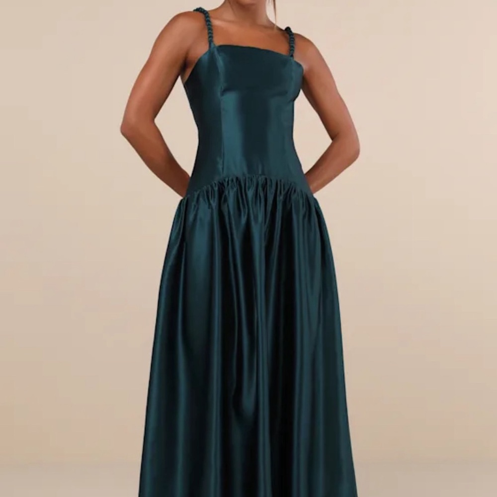 Lulu's Modern Adoration Emerald Satin Backless Lace-Up Maxi Dress Size M